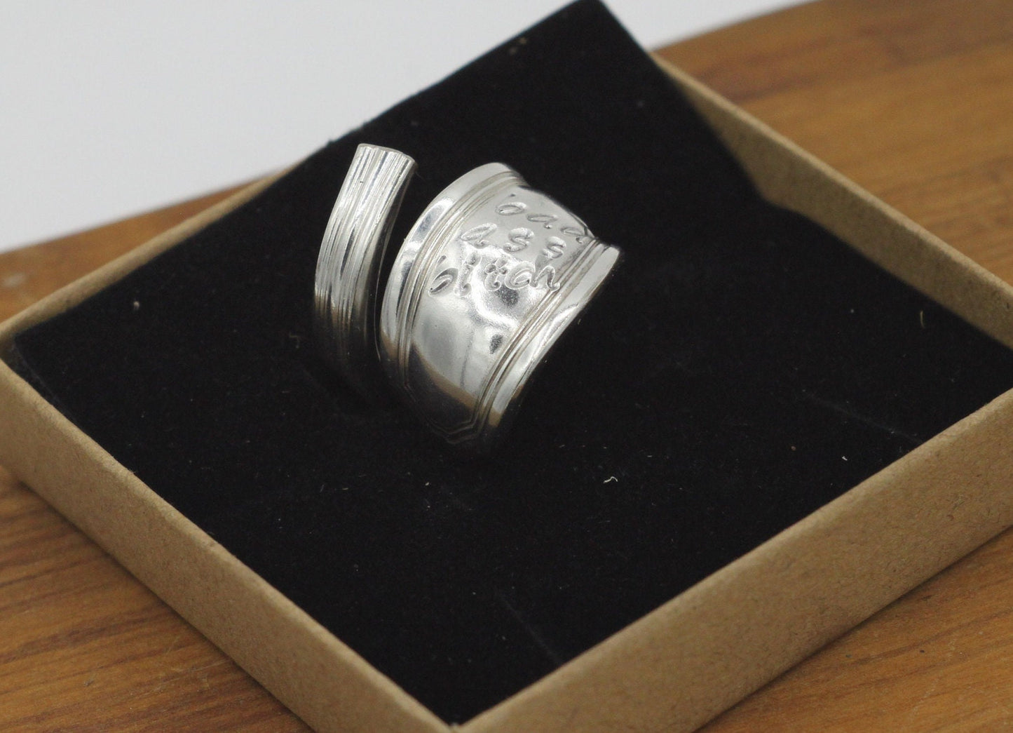 Silver Wrap Ring Made From Vintage Spoon Handle with "Bad Ass Bitch" stamped, Silverware Jewelry, Silver Spoon Ring, Gift for Her Unique