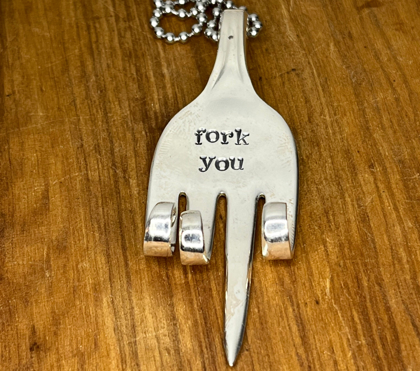 Fork You keychain made from vintage silver plated fork. Unique custom metal keychain.