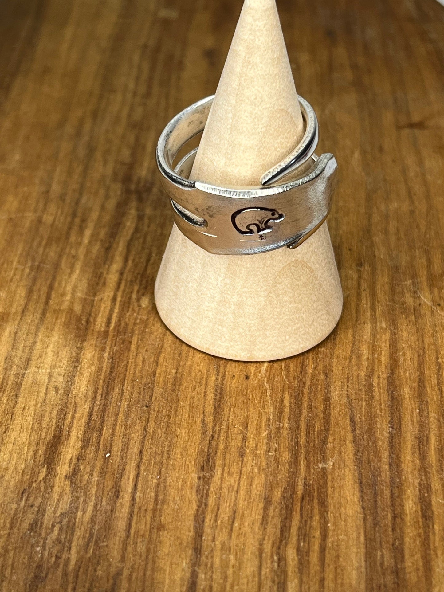 Silver Wrap Fork Ring made from Vintage Silver plated fork tine with a Bear