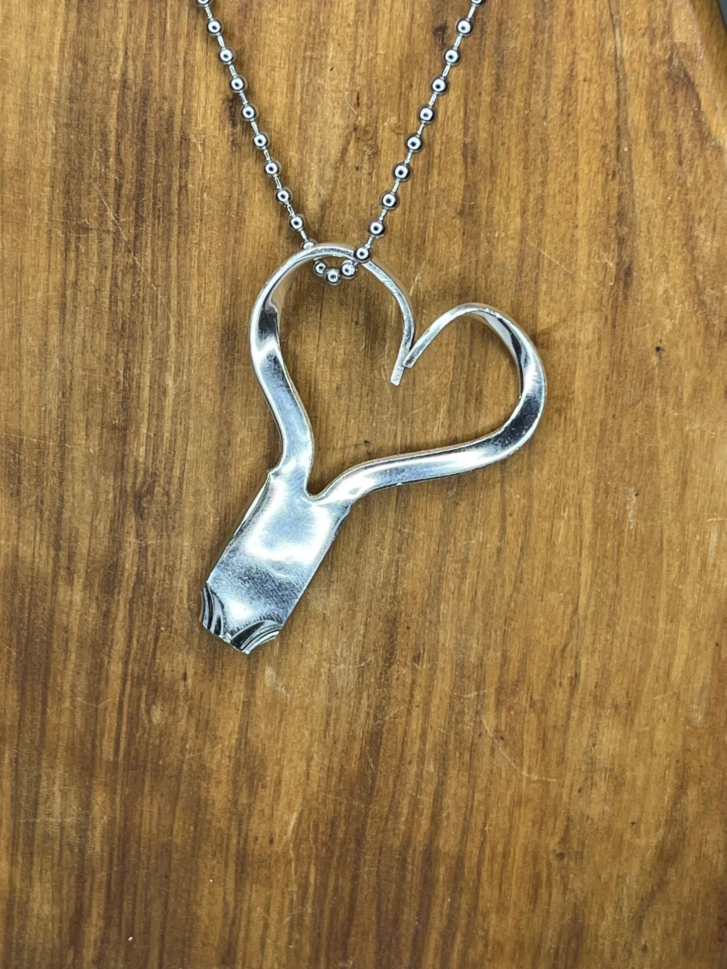 Silver Heart Shaped Necklace made from repurposed antique silverware fork tines with dragonfly hand stamped on the base. Valentines Gift