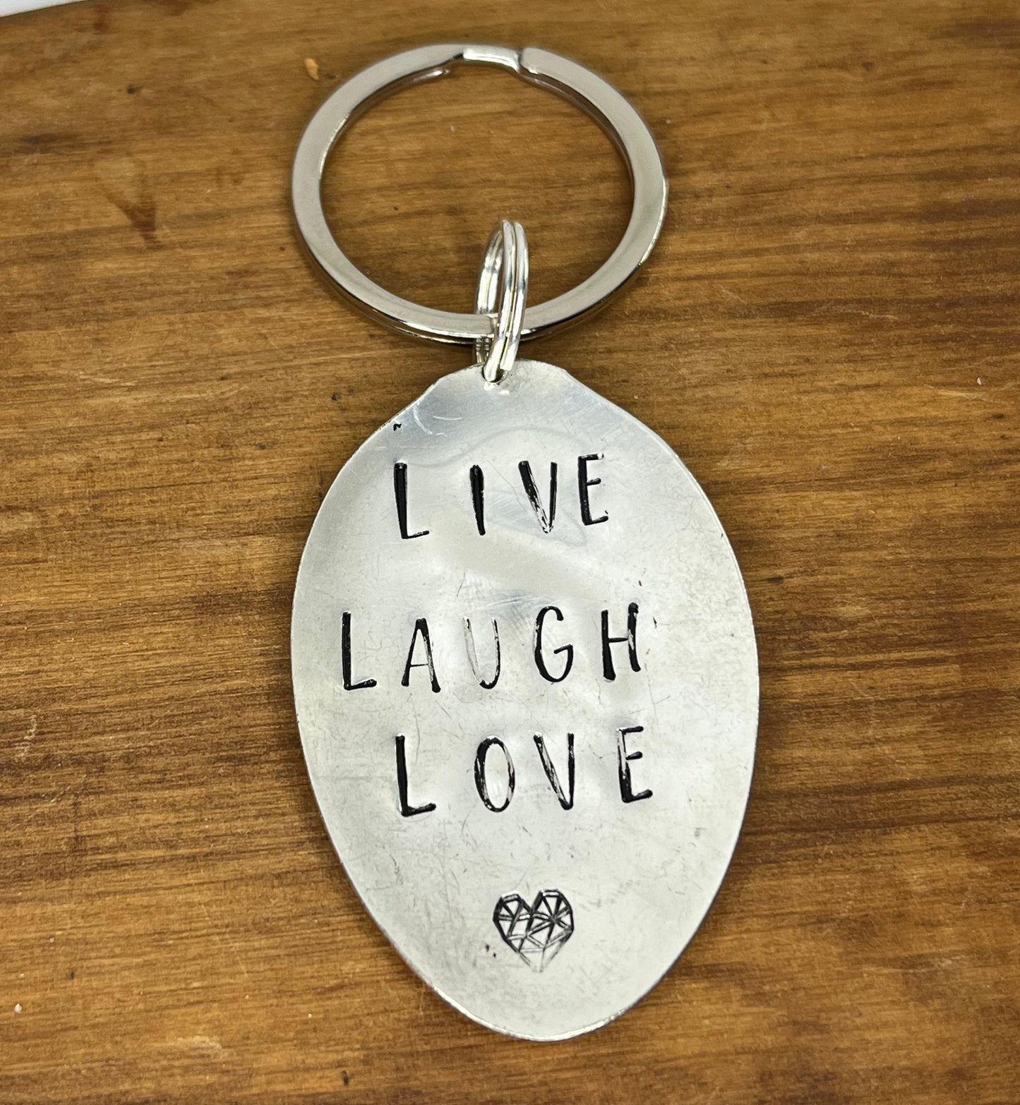 Custom Spoon Keychain with the Quote “Live, Laugh, Love”