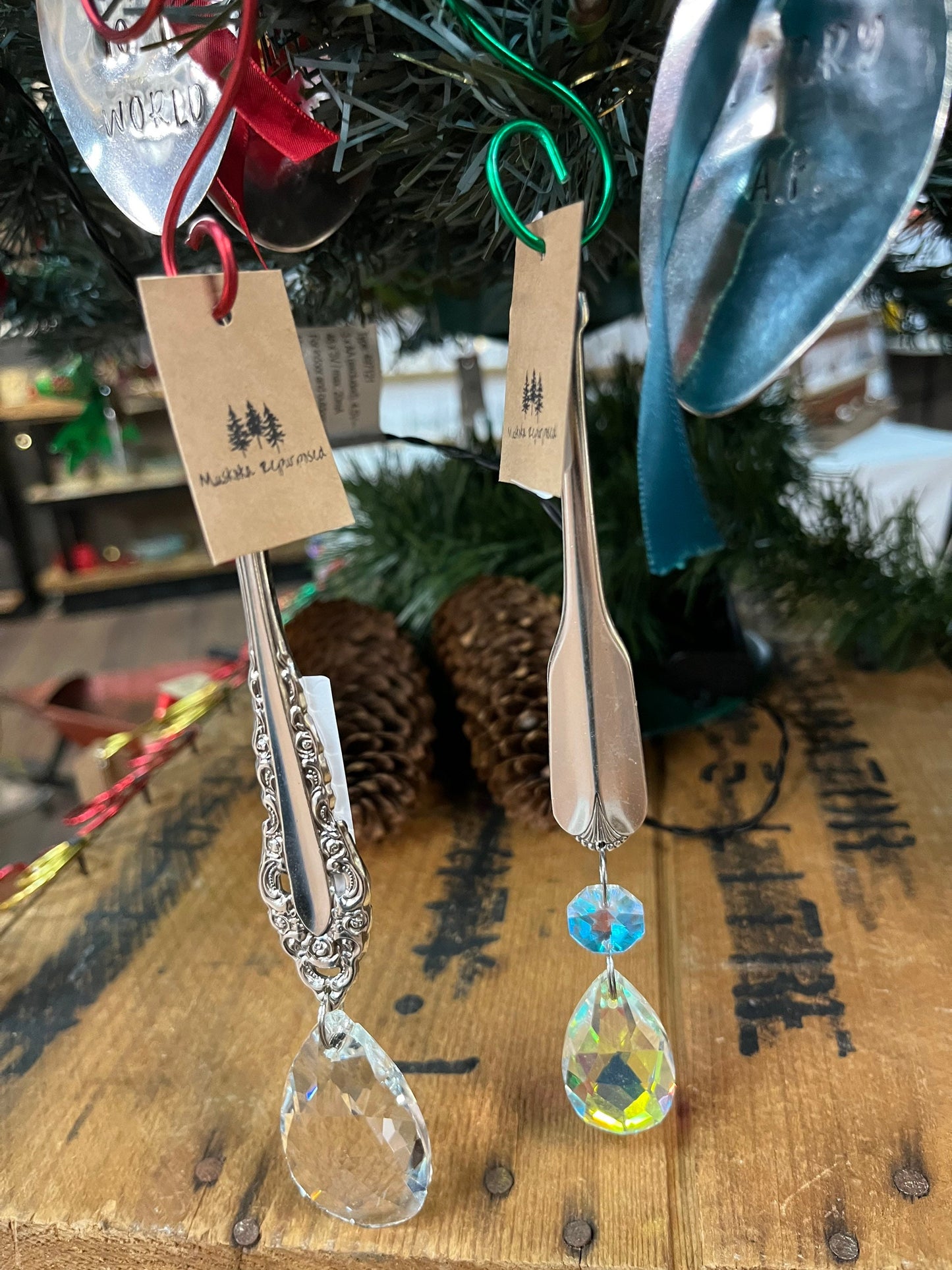 Handcrafted Christmas tree ornament made from vintage silverware. Personalized, unique custom host, teacher, boss gift