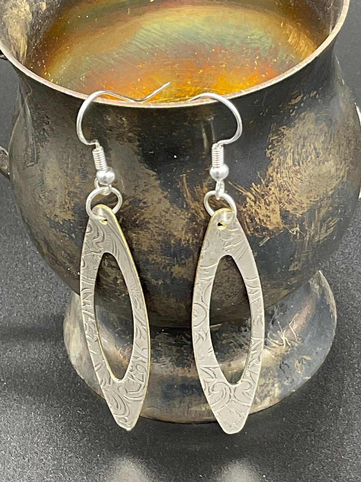 Silver drop earrings made from vintage silver plated trays