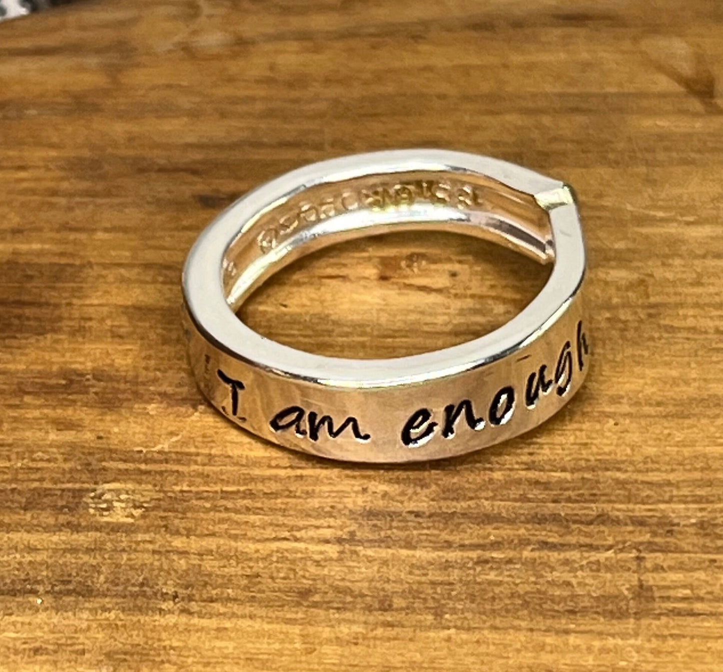 Silver Wrap Ring made from Vintage Spoon Handle with “I am Enough” hand stamped, Silverware Jewelry, Silver Spoon Ring for her,