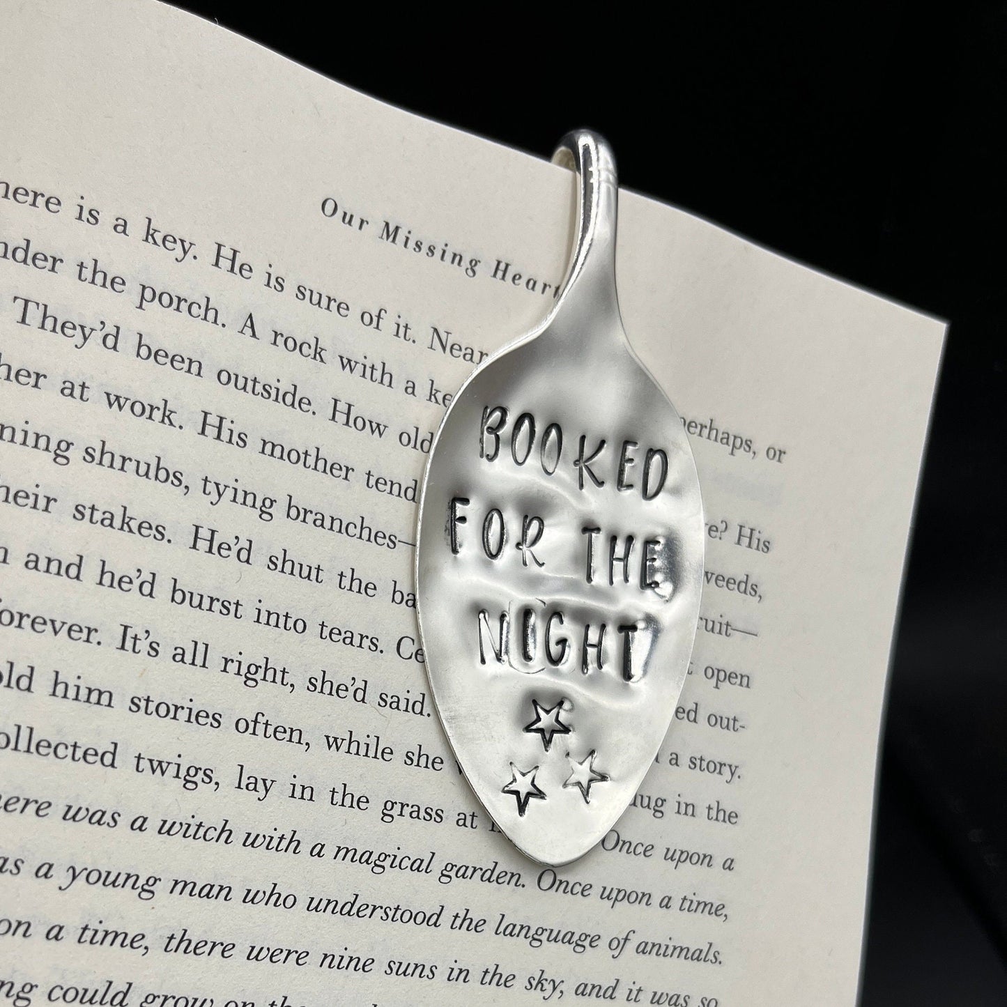 Custom Bookmark Made from Vintage/Antique Silverware Spoon with “Booked for the Night” hand stamped. Perfect Gift for Book Lover