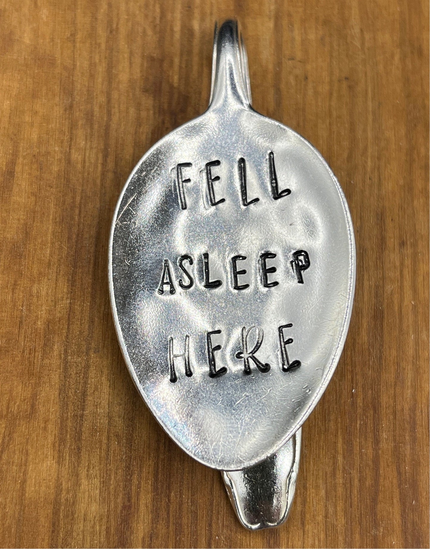 Personalized bookmark with the quote ‘I fell asleep here’ stamped. Unique metal bookmark. Book lover gift