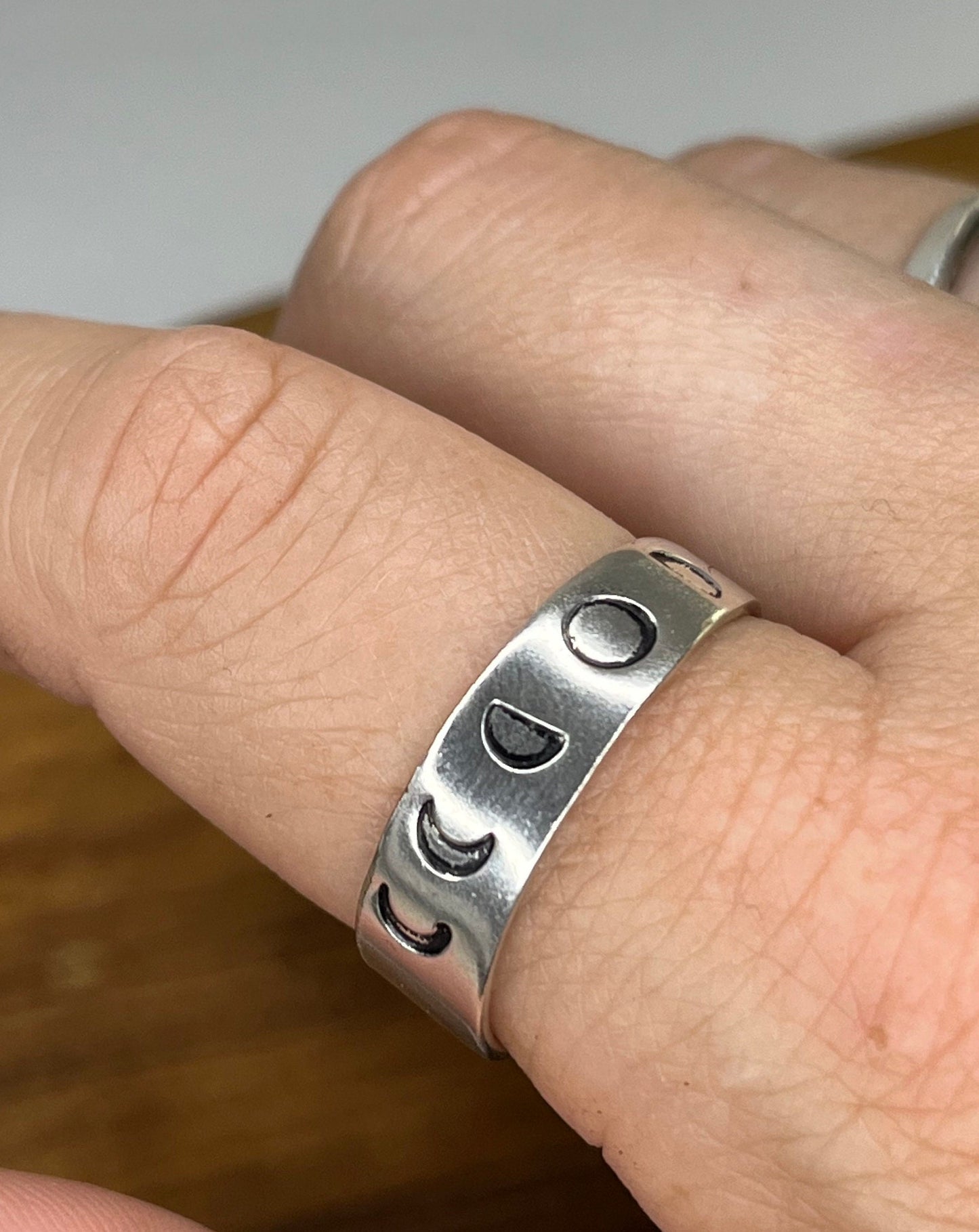 Silver Wrap Ring made from Vintage Silver plated fork tine with the phases of the moon hand stamped around, Silverware Jewelry, Spoon ring,