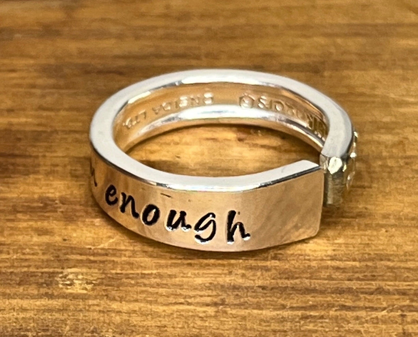 Silver Wrap Ring made from Vintage Spoon Handle with “I am Enough” hand stamped, Silverware Jewelry, Silver Spoon Ring for her,