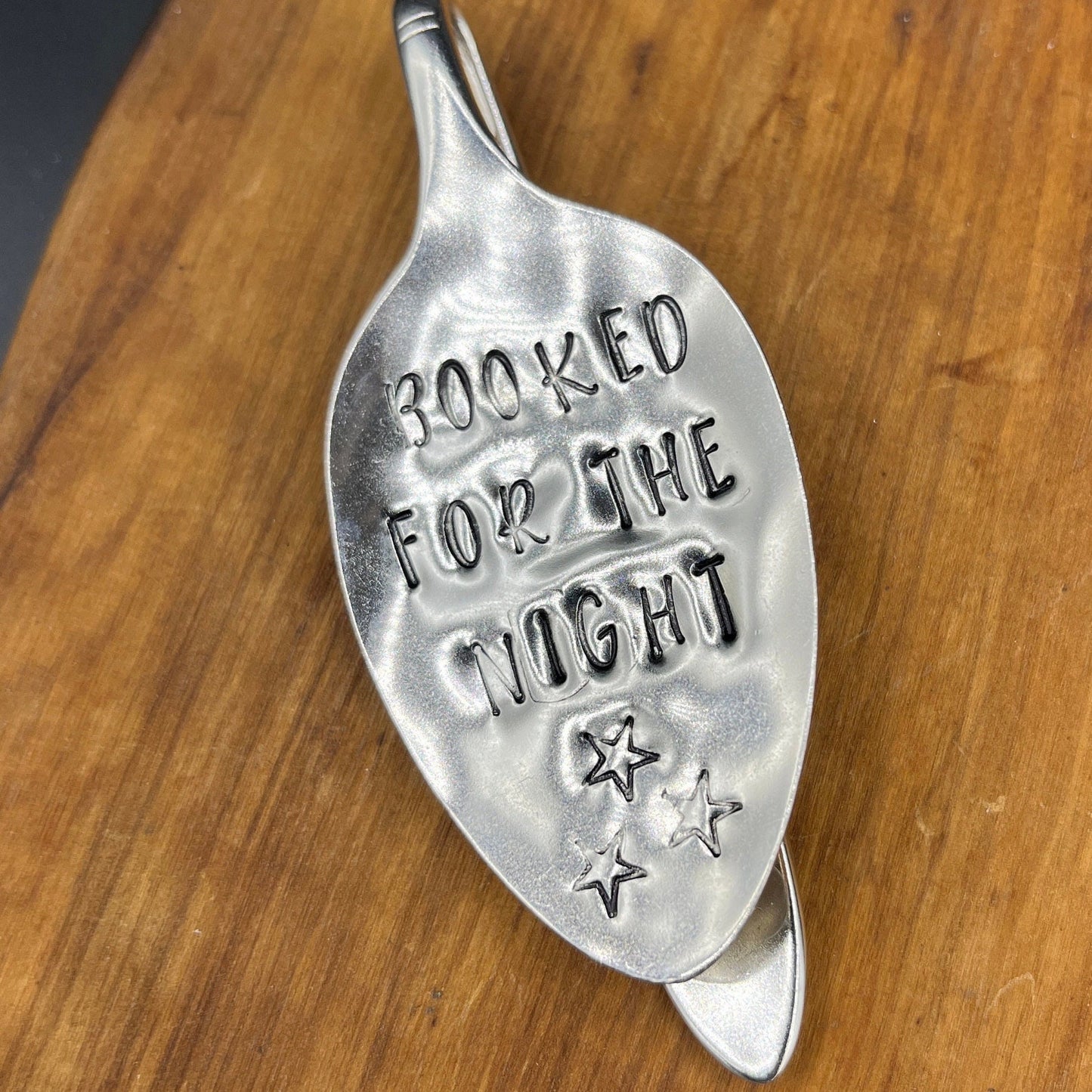 Custom Bookmark Made from Vintage/Antique Silverware Spoon with “Booked for the Night” hand stamped. Perfect Gift for Book Lover