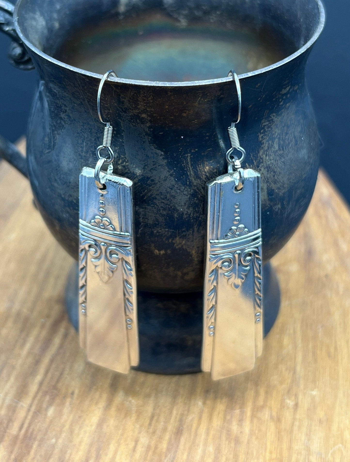 Silver Drop Earrings made from Vintage Spoon ends, Silverware Jewelry, Unique Gift for her