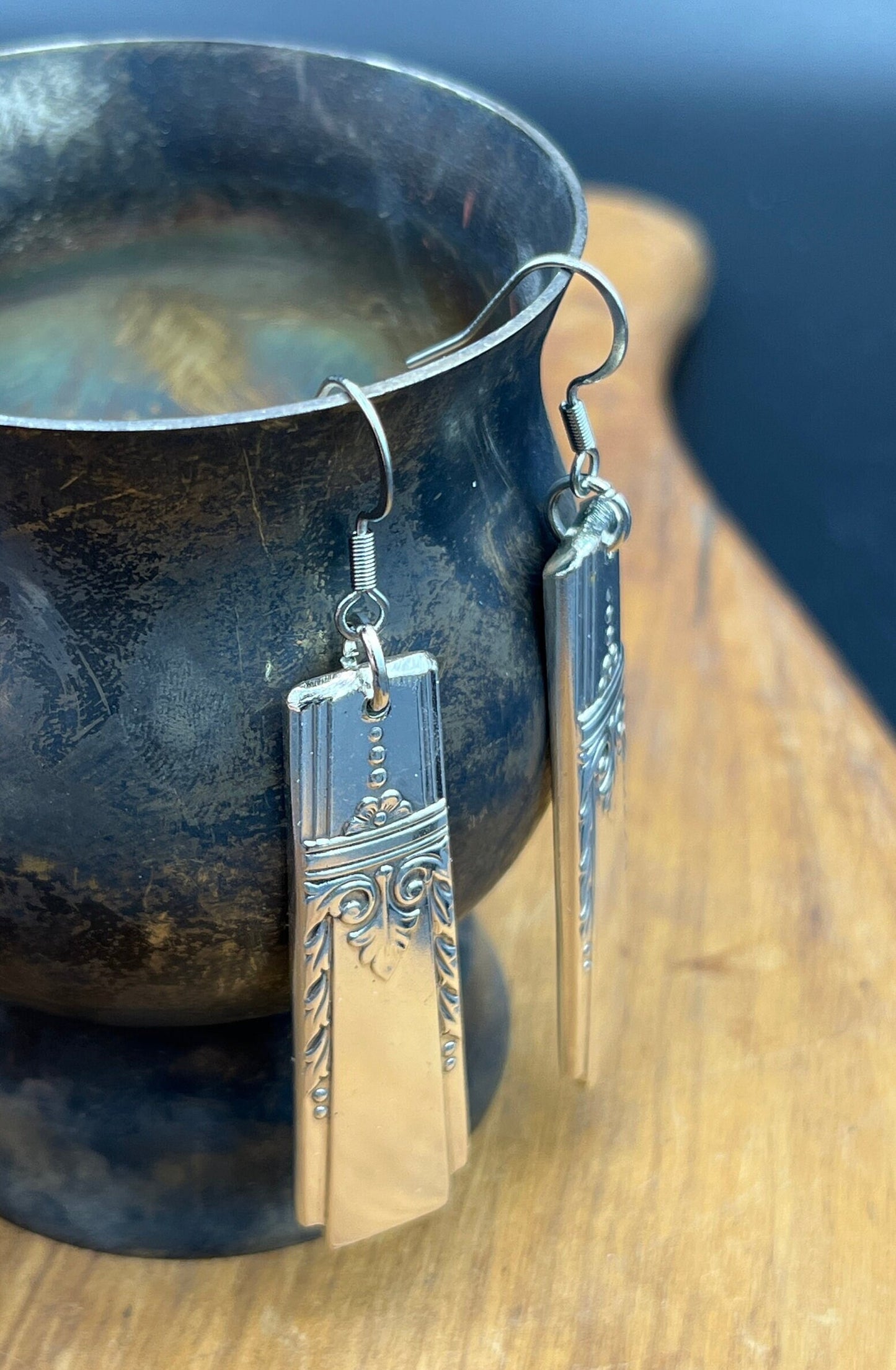 Silver Drop Earrings made from Vintage Spoon ends, Silverware Jewelry, Unique Gift for her