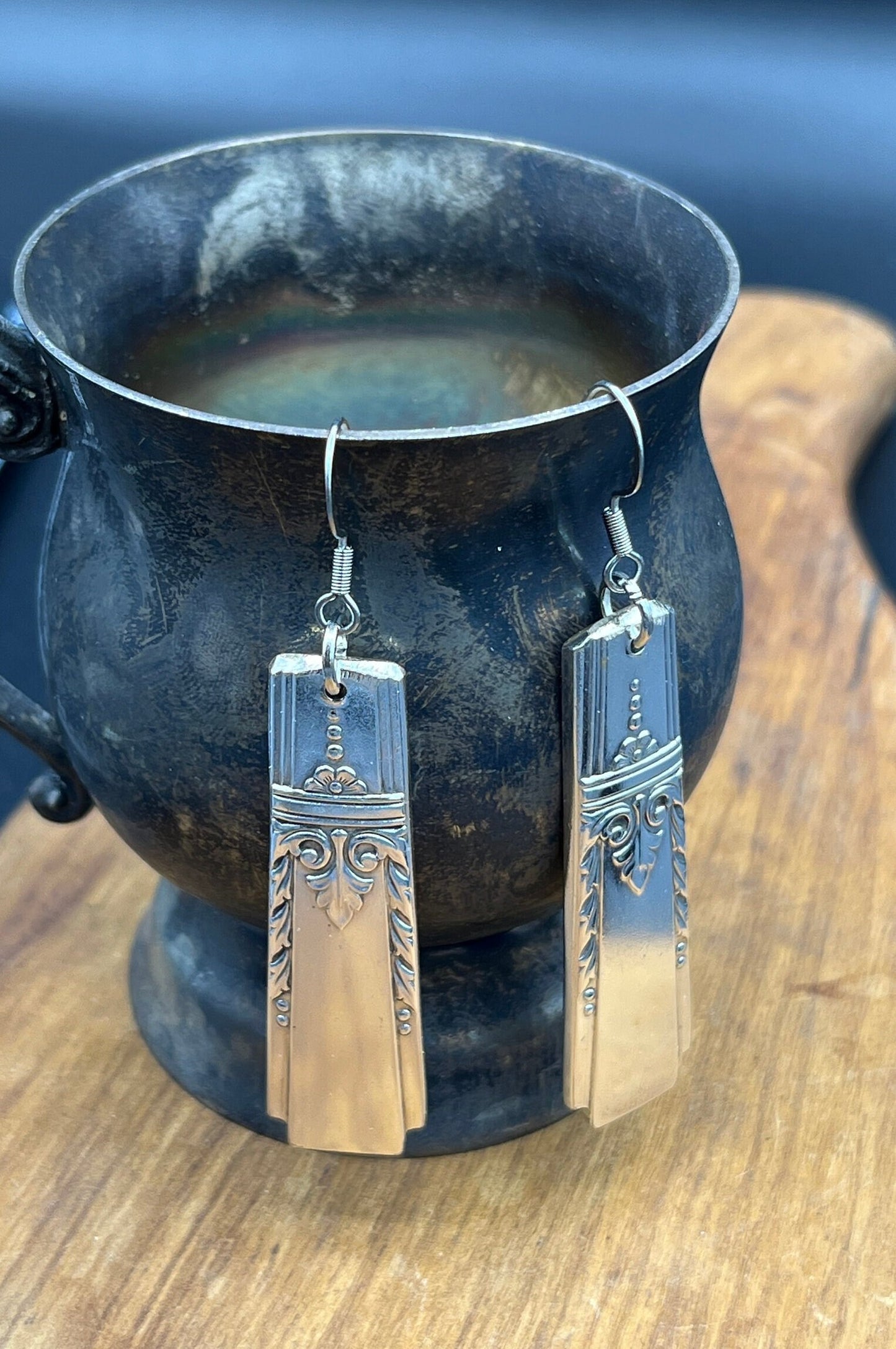 Silver Drop Earrings made from Vintage Spoon ends, Silverware Jewelry, Unique Gift for her