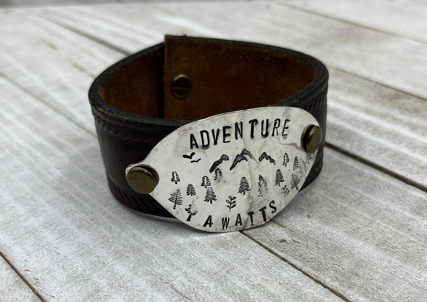 Leather and Metal Bracelet made from Vintage and Antique Repurposed Spoon Bowl and with Hand-Stamped Adventure Awaits and Mountain Scene