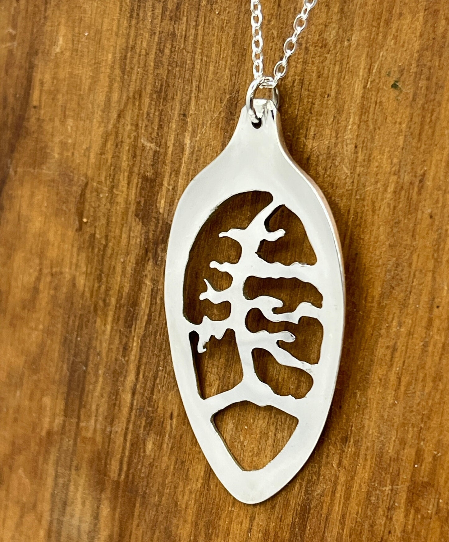 Tree Pendant Hand Drawn and Cut from Vintage?Antique spoon bowl, silver necklace pendant for her, Pine Tree Necklace, Eco Friendly Upcycled