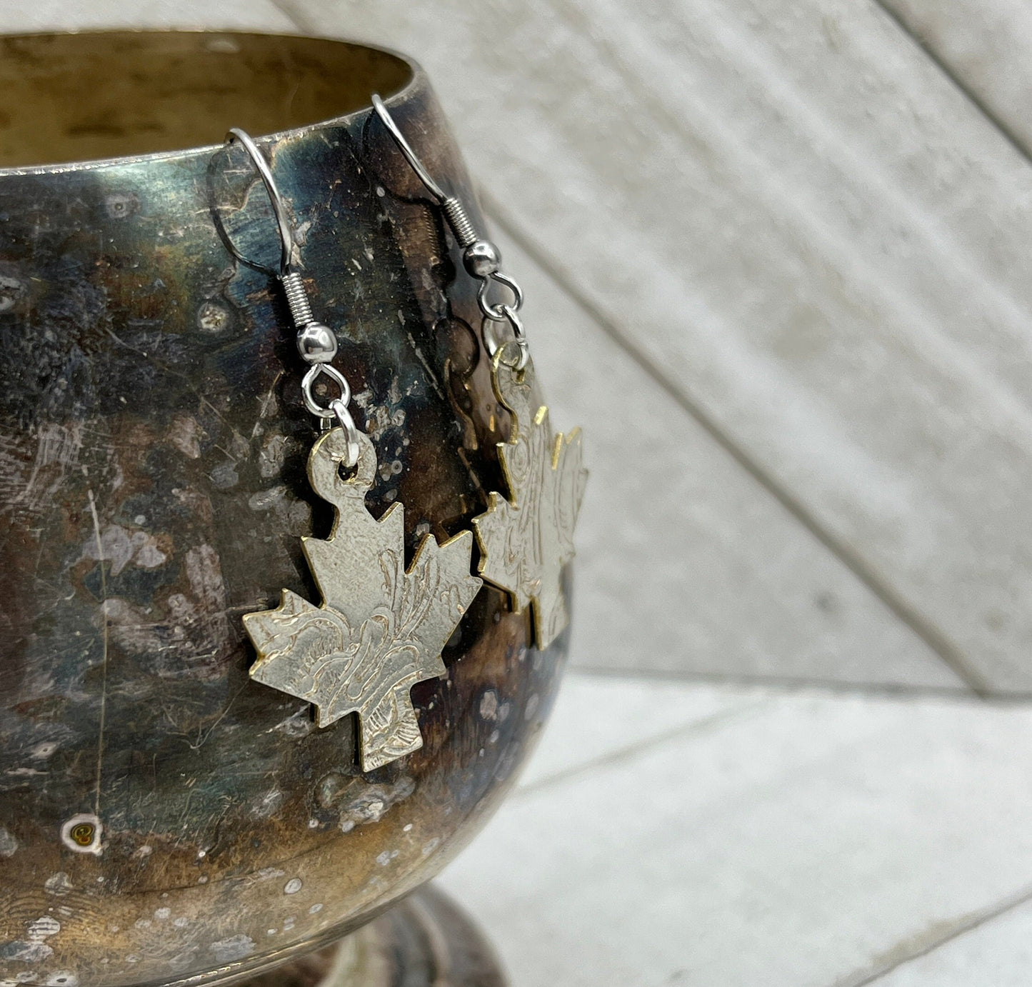 Maple Leaf Silver Earrings made from vintage silver plated trays, Silverware Jewelry, Unique Gift for her, Canadiana Jewelry, Nature Lover