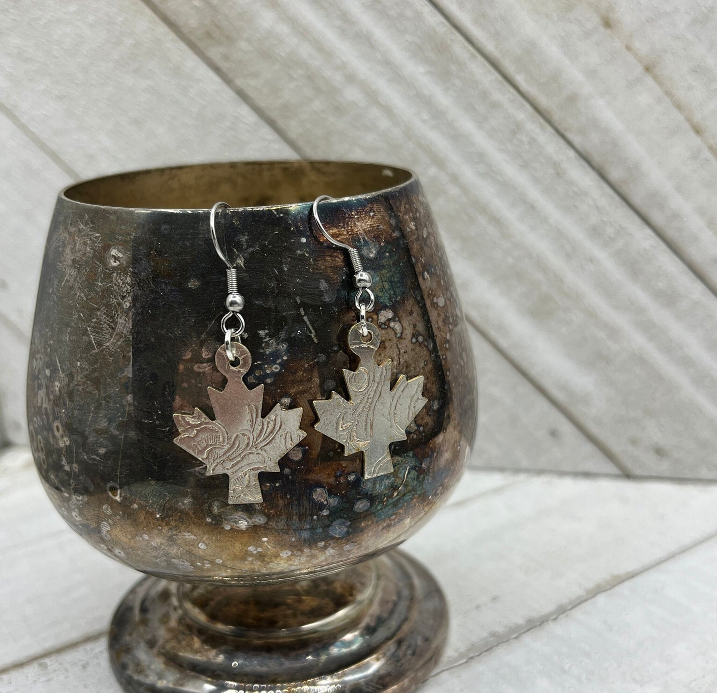 Maple Leaf Silver Earrings made from vintage silver plated trays, Silverware Jewelry, Unique Gift for her, Canadiana Jewelry, Nature Lover