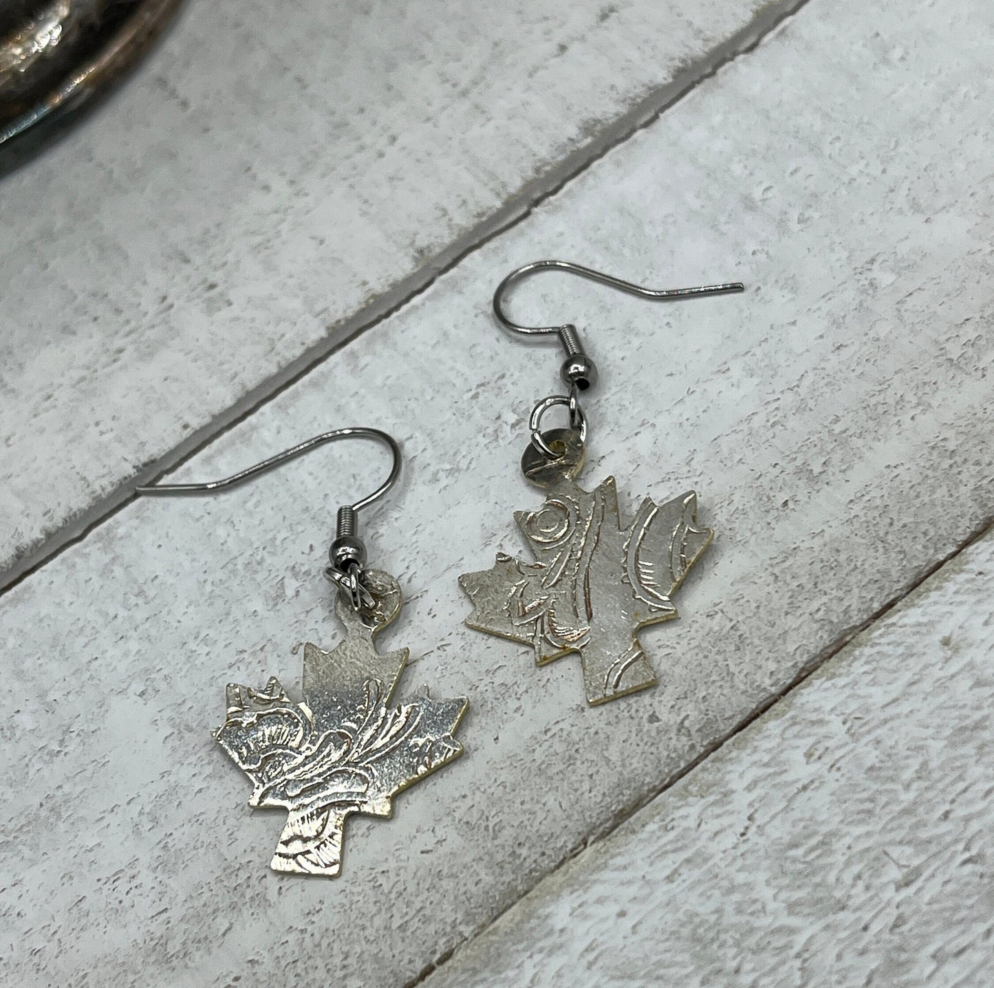 Maple Leaf Silver Earrings made from vintage silver plated trays, Silverware Jewelry, Unique Gift for her, Canadiana Jewelry, Nature Lover