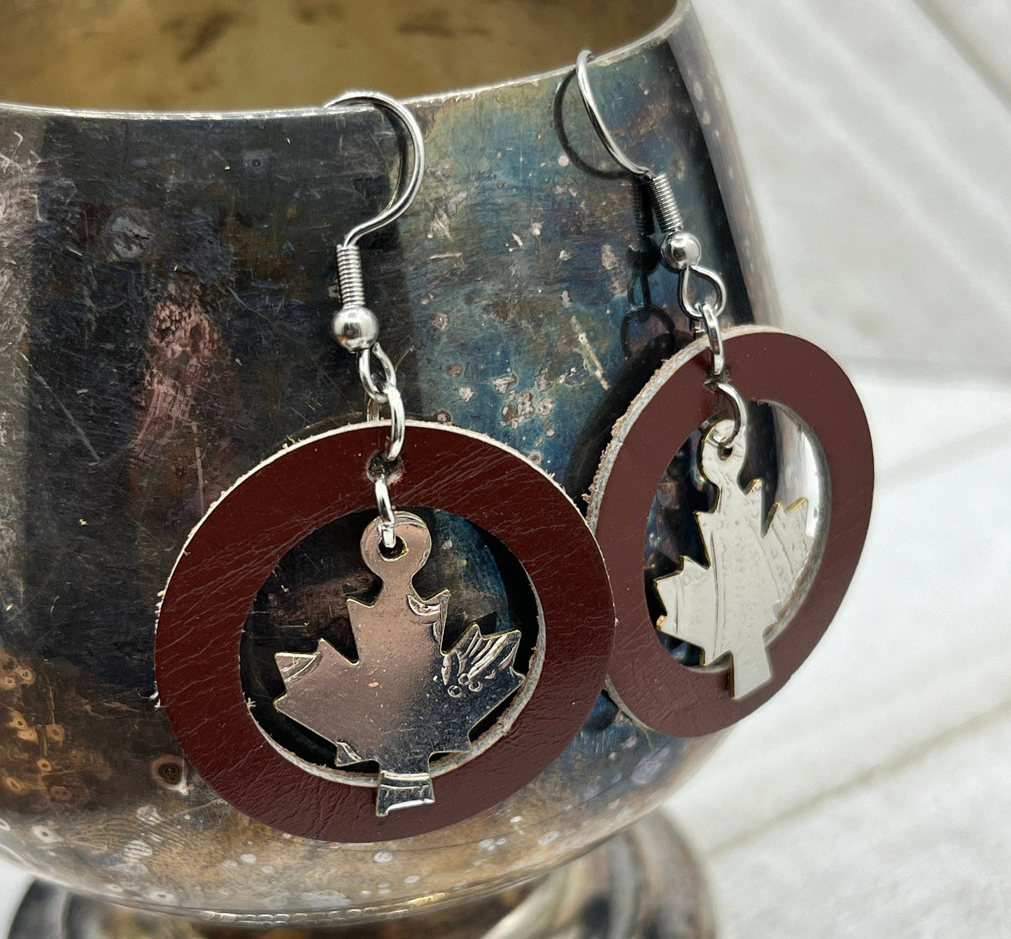 Maple Leaf Silver and Leather Earrings Made from Antique Silver Trays and Repurposed Leather, Unique Boho Style Jewelry Accessories