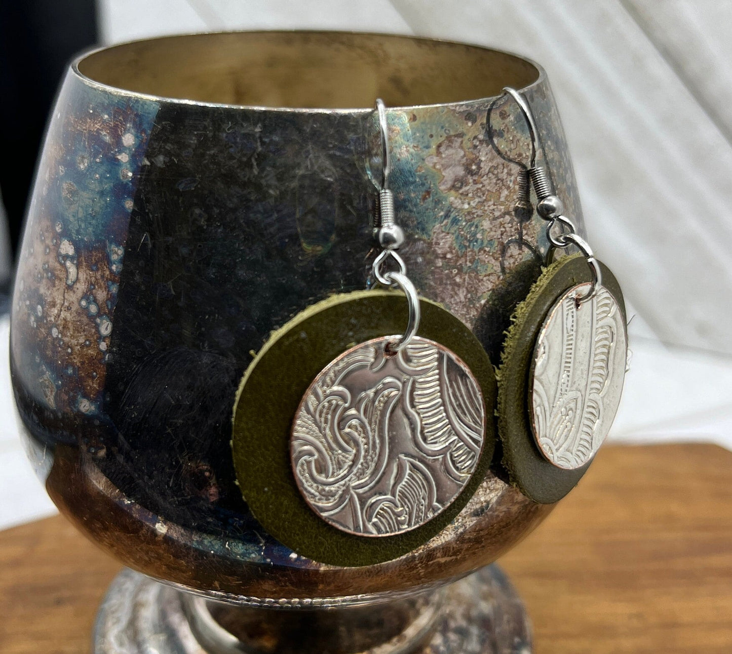 Silver and Leather Dangle Earrings Made from Antique Silver Plated Trays and Repurposed Leather, Boho Style Jewelry