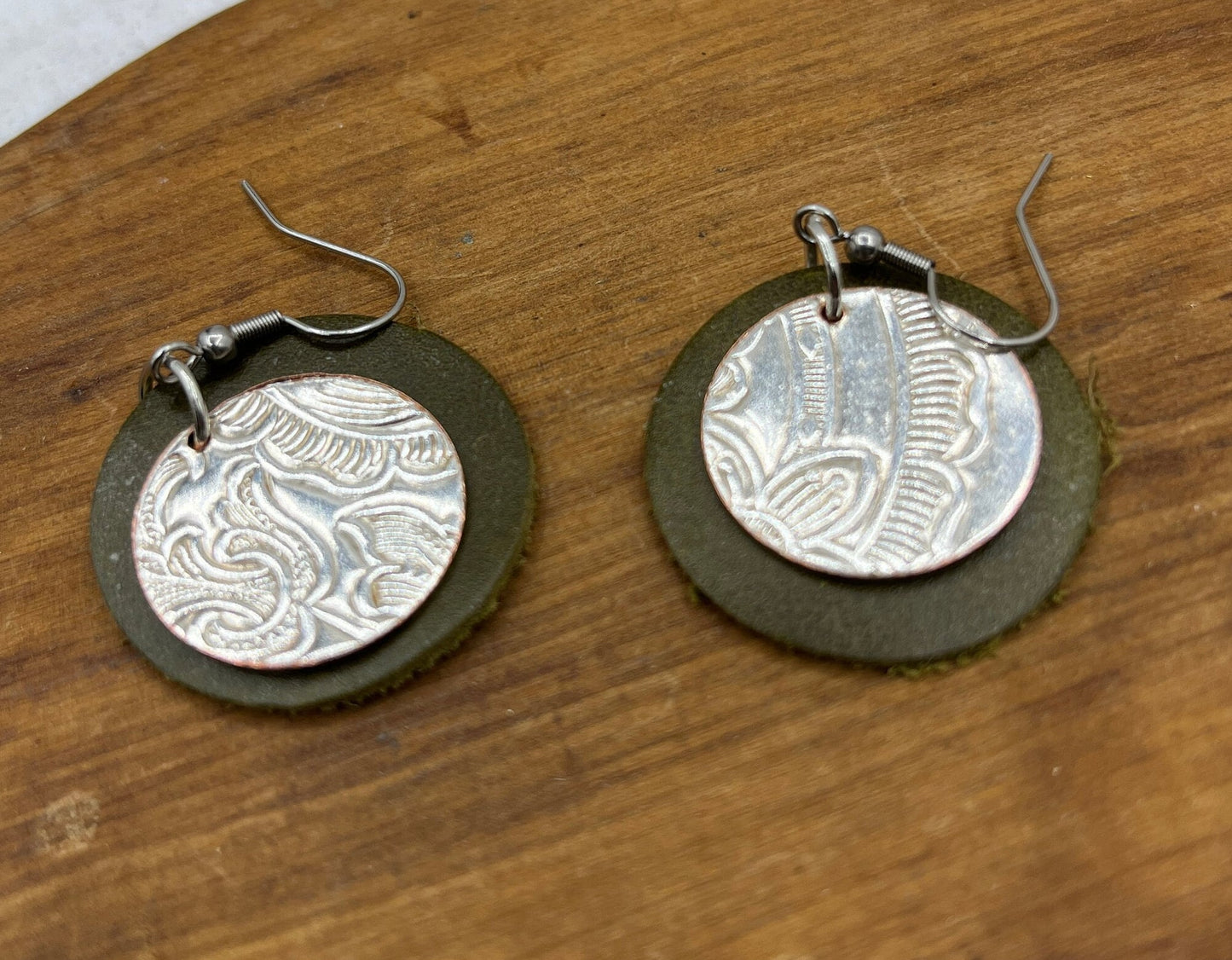 Silver and Leather Dangle Earrings Made from Antique Silver Plated Trays and Repurposed Leather, Boho Style Jewelry