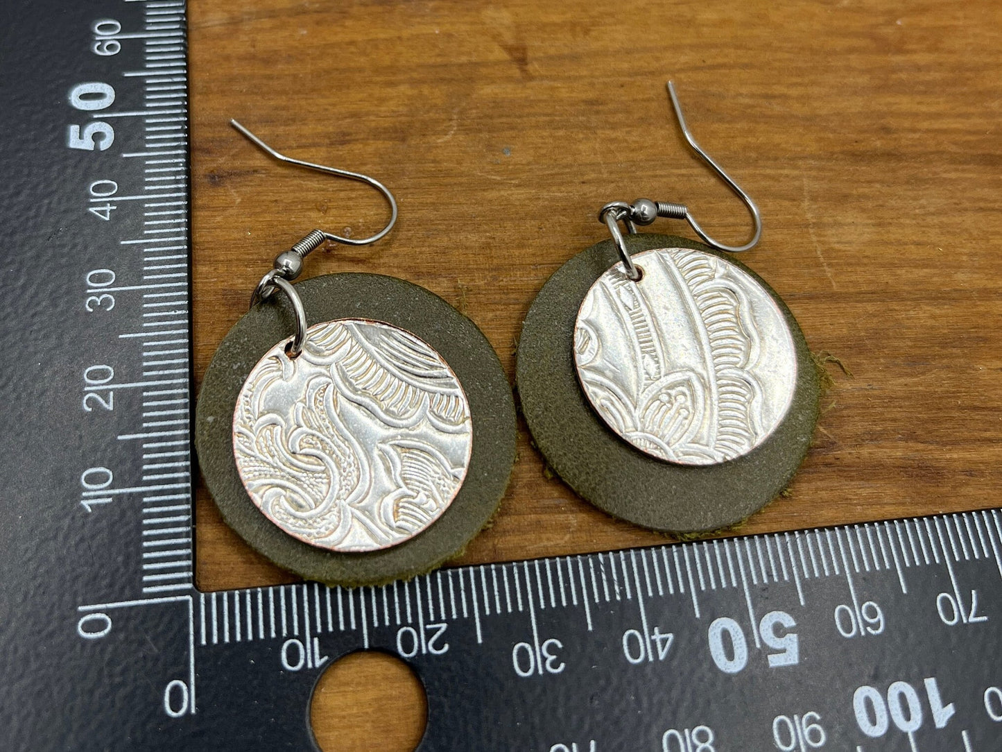 Silver and Leather Dangle Earrings Made from Antique Silver Plated Trays and Repurposed Leather, Boho Style Jewelry