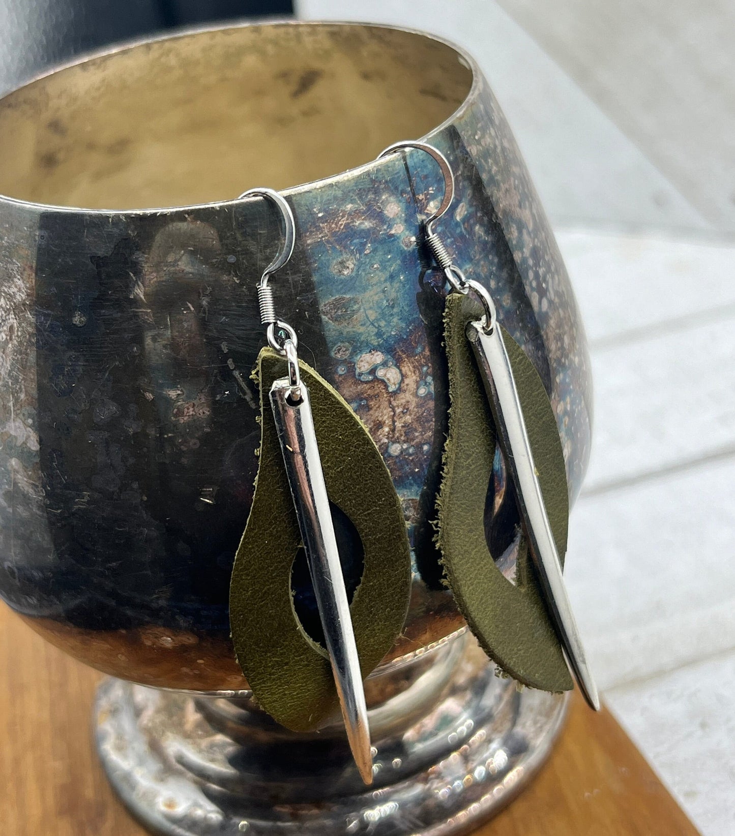 Silver and Leather Earrings Made from Antique Fork Tines and Repurposed Leather, Boho Style Jewelry Accessories