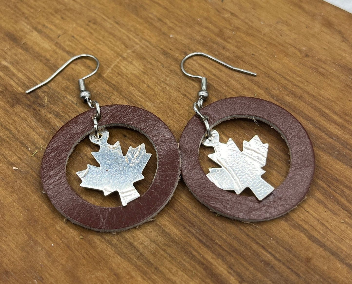 Maple Leaf Silver and Leather Earrings Made from Antique Silver Trays and Repurposed Leather, Unique Boho Style Jewelry Accessories