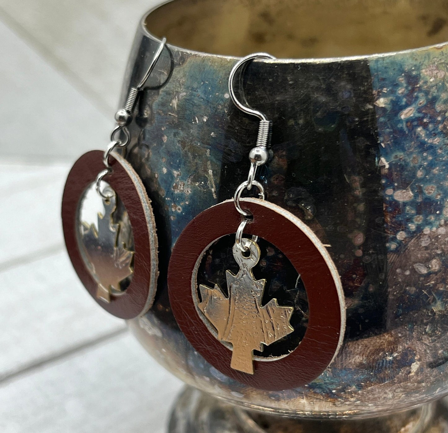 Maple Leaf Silver and Leather Earrings Made from Antique Silver Trays and Repurposed Leather, Unique Boho Style Jewelry Accessories