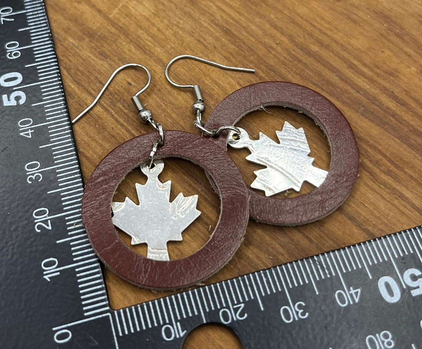 Maple Leaf Silver and Leather Earrings Made from Antique Silver Trays and Repurposed Leather, Unique Boho Style Jewelry Accessories