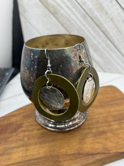 Round Leather Silver Tray Dangle, Drop Earrings