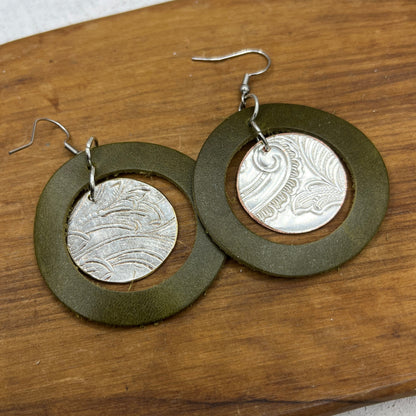 Round Leather Silver Tray Dangle, Drop Earrings