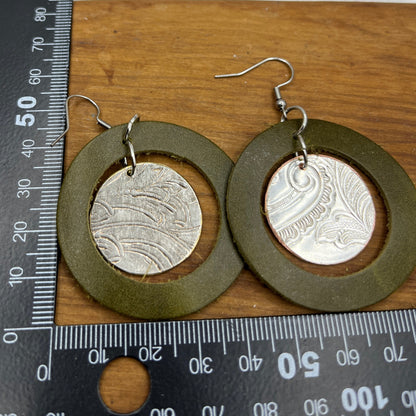 Round Leather Silver Tray Dangle, Drop Earrings