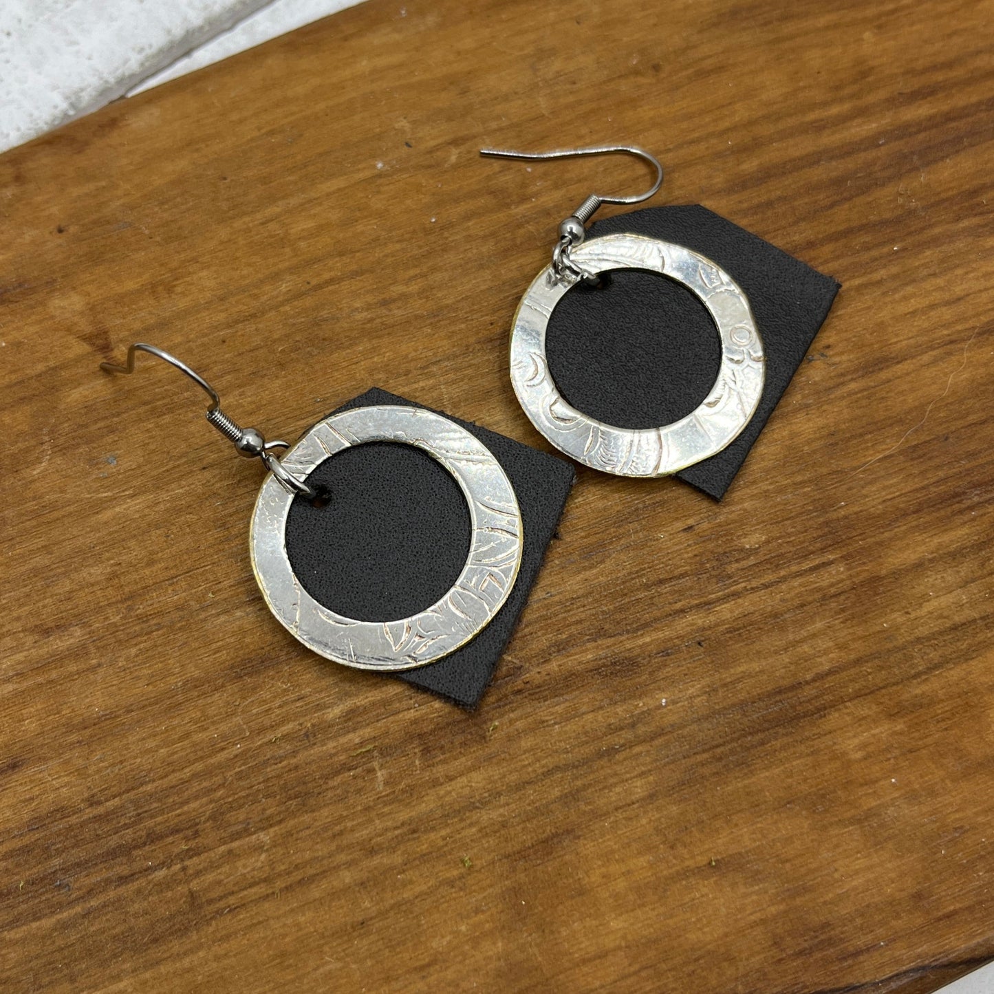 Leather Silver Tray Dangle, Drop Earrings