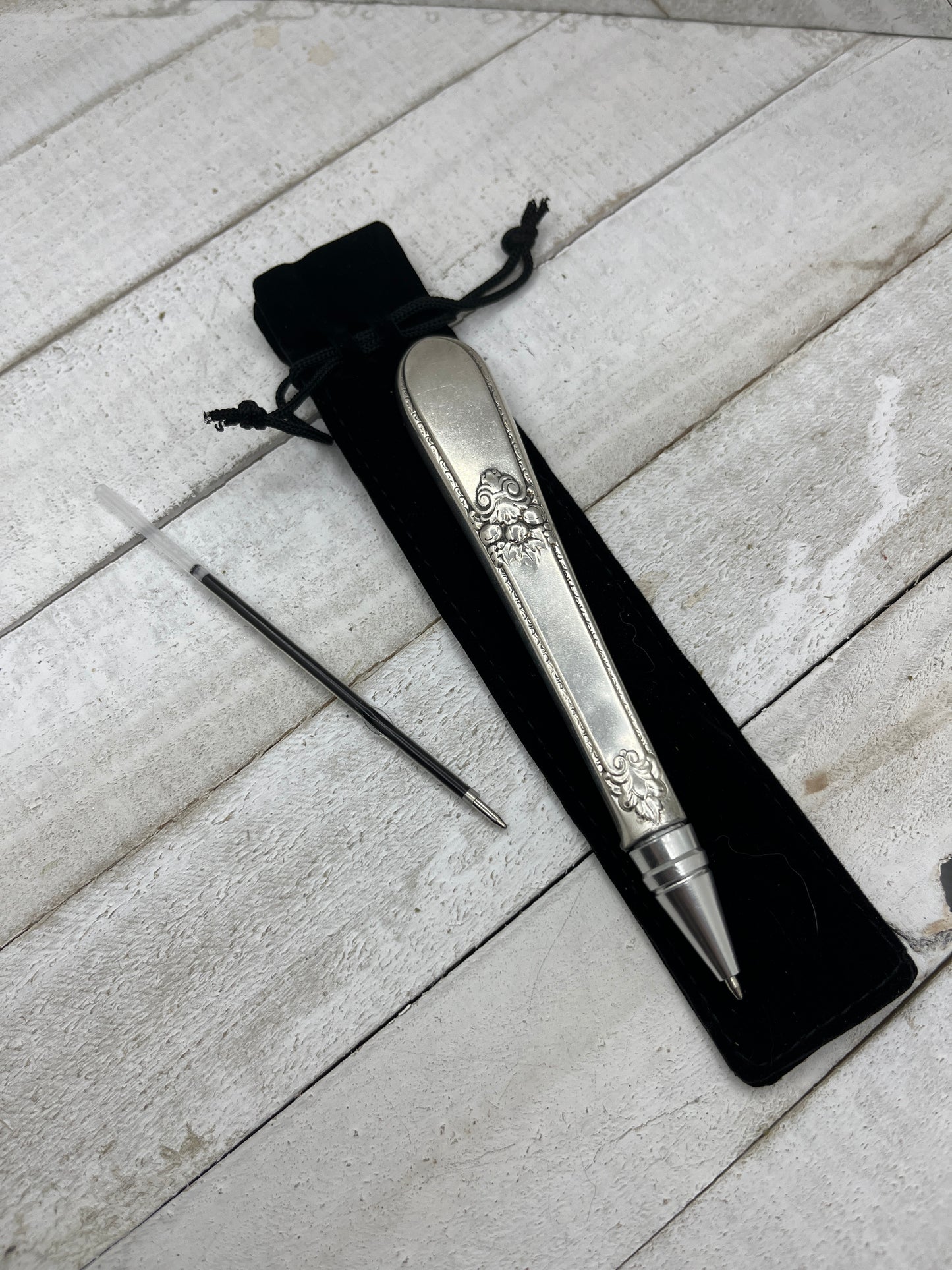 Silver pen made from antique hollow knife handles - Black ink - Reusable