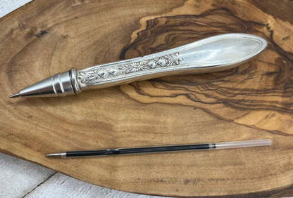 Silver pen made from antique hollow knife handles - Black ink - Reusable