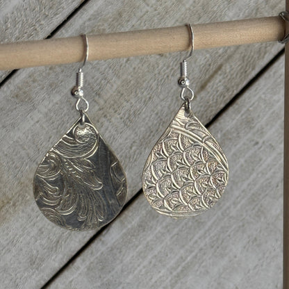 Silver Serving Tray Earrings Tear Drop