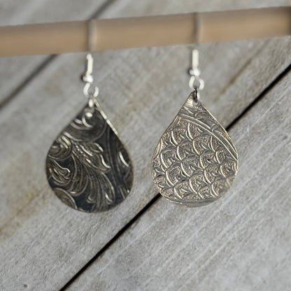 Silver Serving Tray Earrings Tear Drop