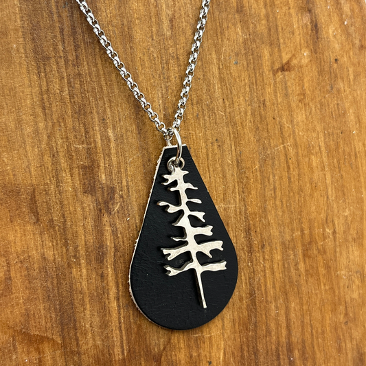 Silver Tree and Black Leather Pendant