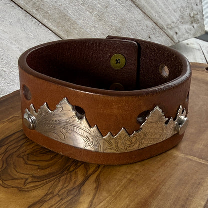 Silver Tree or Mountain Forest and Leather Bracelet - Upcycled Brown Leather Belt