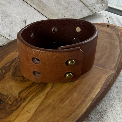 Silver Tree or Mountain Forest and Leather Bracelet - Upcycled Brown Leather Belt