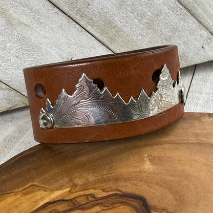 Silver Tree or Mountain Forest and Leather Bracelet - Upcycled Brown Leather Belt