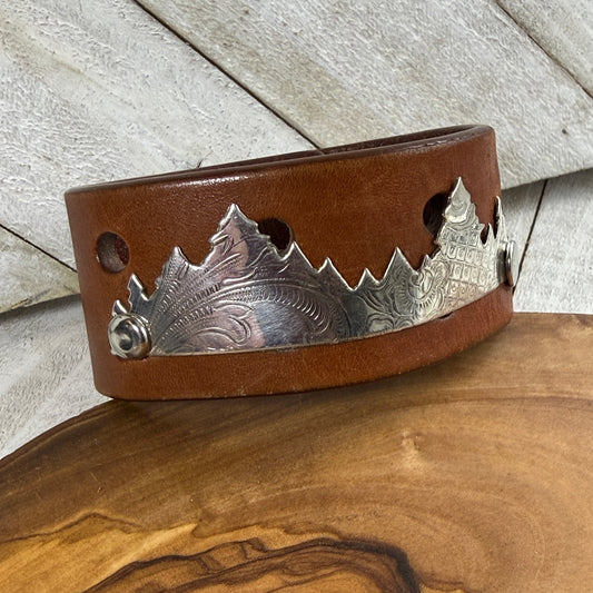Silver Tree or Mountain Forest and Leather Bracelet - Upcycled Brown Leather Belt