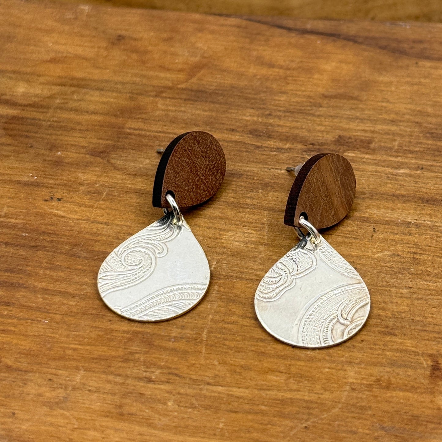 Silver Tray Earrings - Tear Drop with Wood Studs