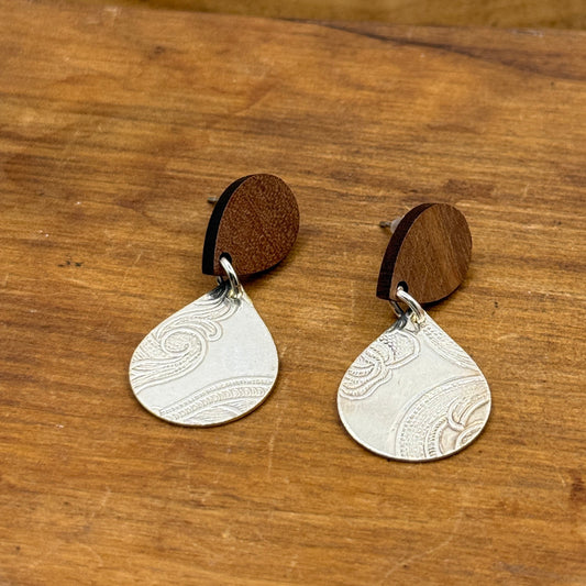 Silver Tray Earrings - Tear Drop with Wood Studs