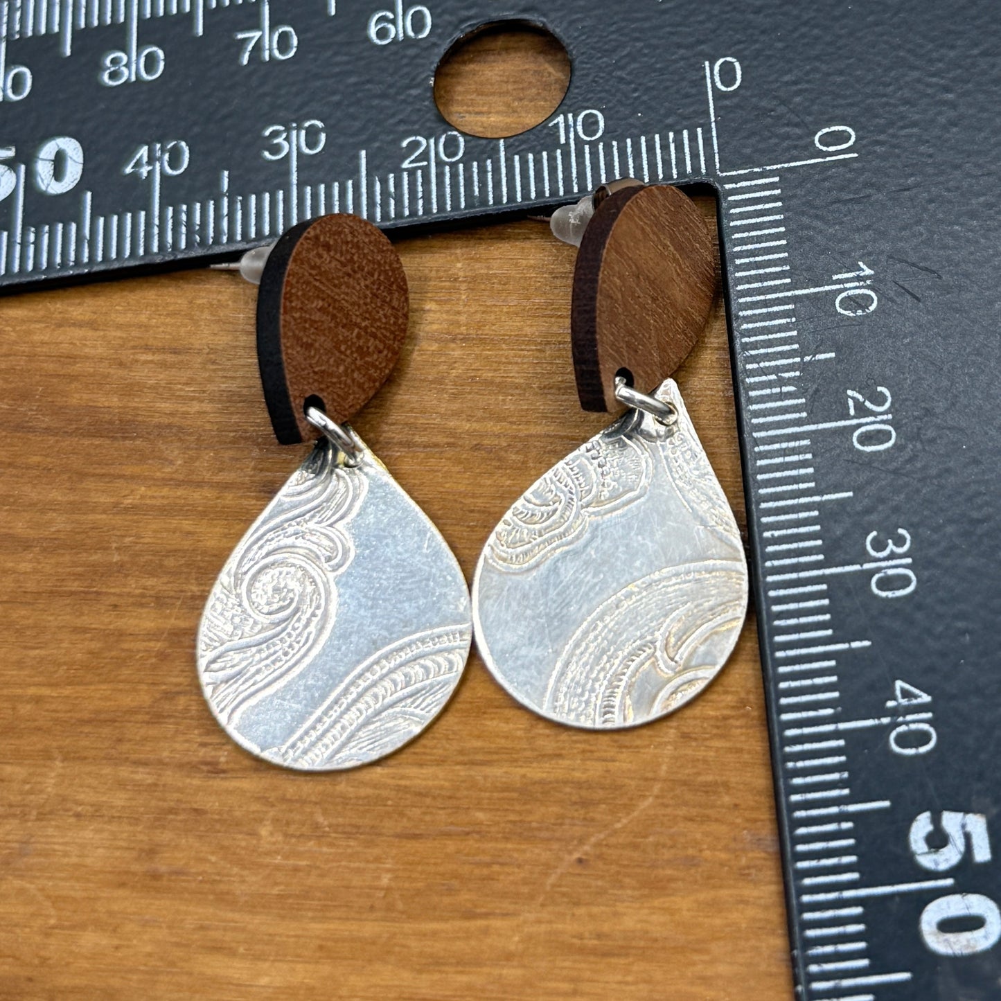 Silver Tray Earrings - Tear Drop with Wood Studs