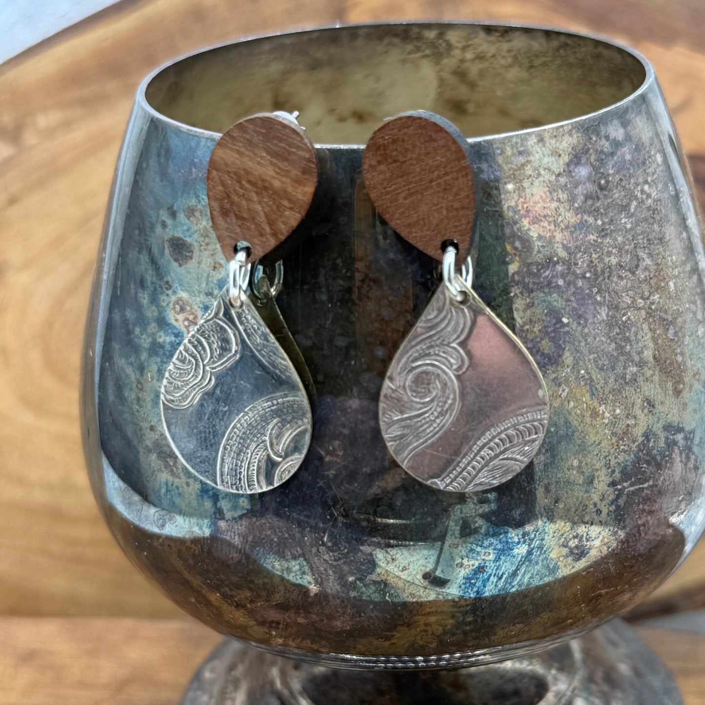 Silver Tray Earrings - Tear Drop with Wood Studs