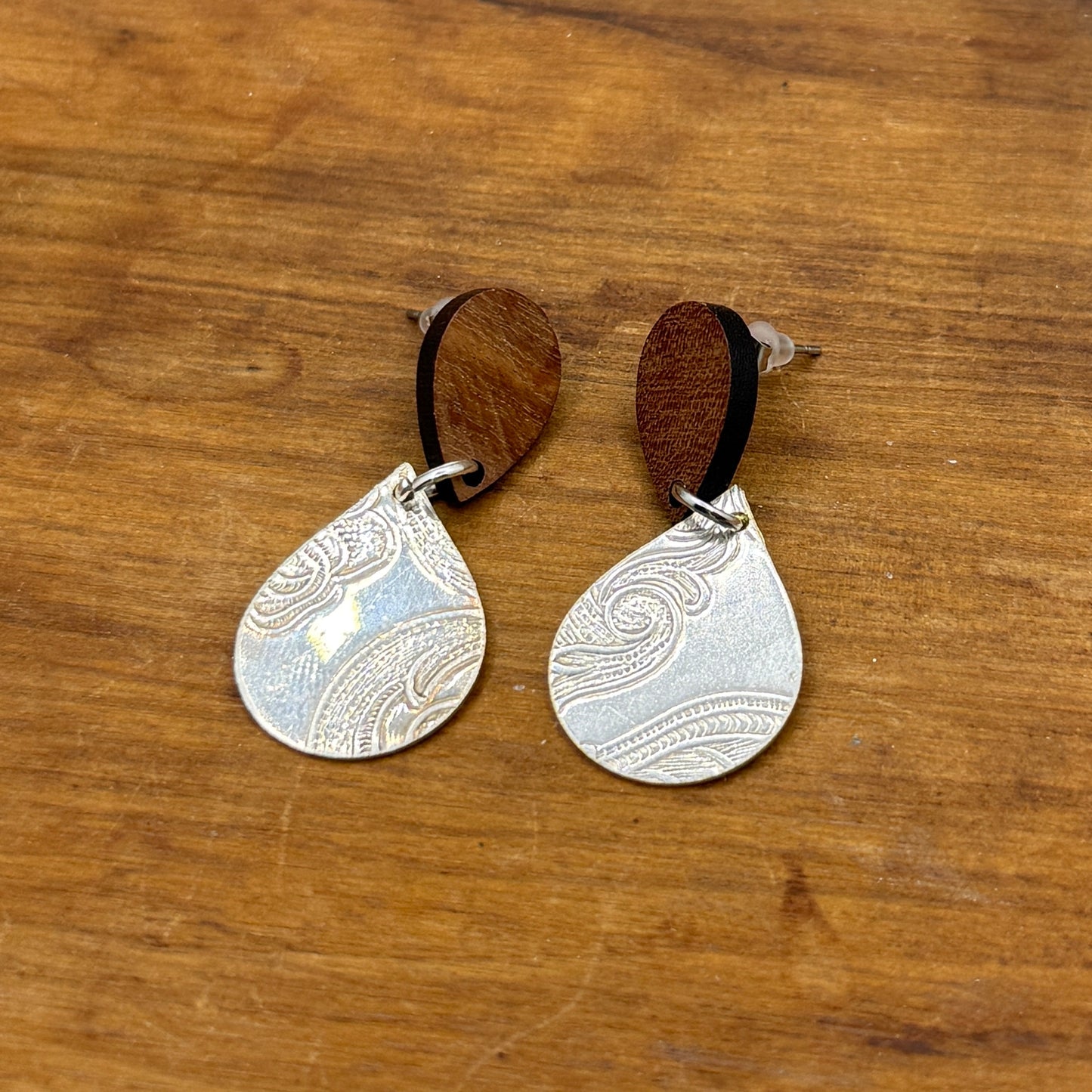 Silver Tray Earrings - Tear Drop with Wood Studs