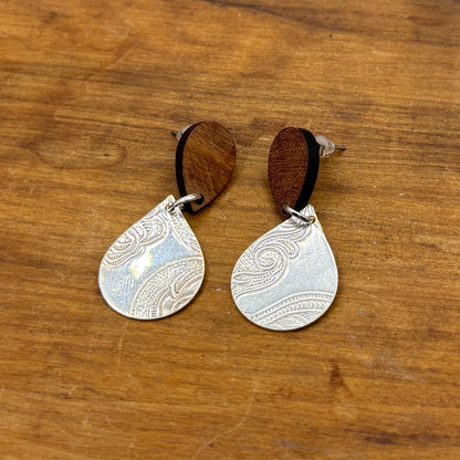 Silver Tray Earrings - Tear Drop with Wood Studs