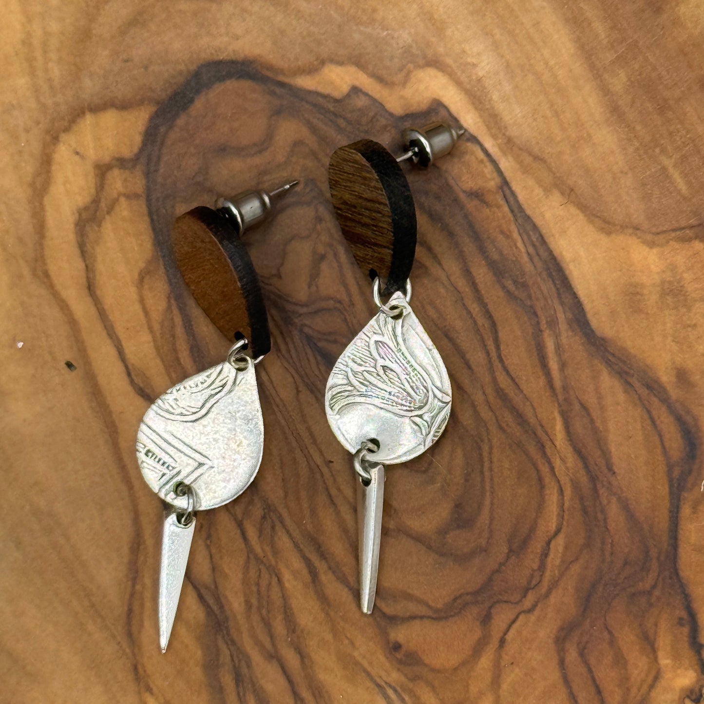 Silver Tray and Fork Tine Earrings with Wooden Studs