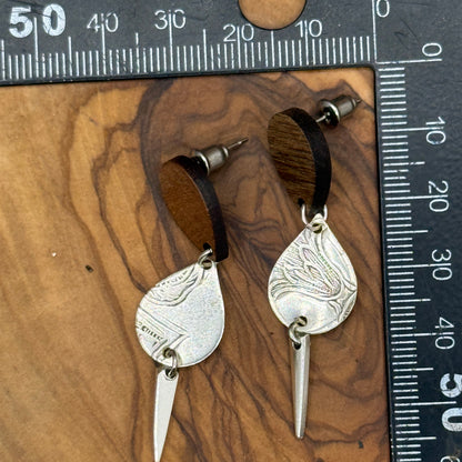 Silver Tray and Fork Tine Earrings with Wooden Studs